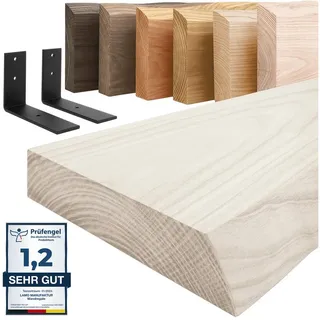LAMO Manufaktur Wandregal Holz Baumkante Regal Farbe: Weiß mit schwarzem Basic Regalträger 140cm, Komplett-Set, 40mm stake Massivholzplatte weiß 140 cm x 4 cm x 20 cm