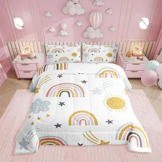 Erosebridal Regenbogen-Bettwäsche-Set für Mädchen, Sonne und Sterne, Doppelbettgröße für Kinder, Jungen, Kinder, Cartoon-Stil, Wolken-Bettwäsche, weiche Mikrofaser-Bettdecke für Schlafzimmer-Dekor