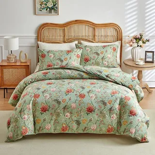 RongRongIN Bettwäsche Set 240 x 220 cm Pflanze Serie mit Reißverschluss – Vinatge Farbig Blume Muster Grün Bettbezug 240x220cm und 2 Kissenbezüge 80x80cm, Weich Bequem Wendebettwäsche Bettwaren