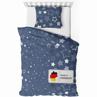 Träumschön Biber-Bettwäsche Set 135x200 2tlg. mit 80x80 cm Kissenbezug - Fein-Biber Bettwäsche aus 100% Baumwolle - Dessin Sterne dunkelblau