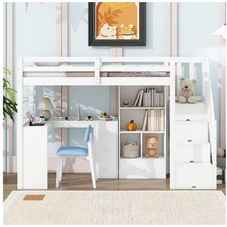 Flieks Hochbett Kinderbett 90x200cm mit Schreibtisch Schubladen Schrank Stauraumtreppe weiß
