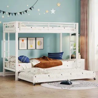 FammyLoft Etagenbett 3 Kinder mit Ausziehbett, Kinder Hochbett 90x200cm mit Hohe Geländer (EN747 Zertifiziert), Bunk Bed mit Leiter, Doppelstockbett, Ohne Matratze, Weiß