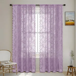 YKAFADE 2er Set Spitze Vorhang Blumen Stickerei Gardinenschal Gardinen Transluzente Vintage Dekoschal Ösenvorhänge Tüllvorhänge Fensterschal für Wohnzimmer Schlafzimmer -150x200cm(BxL),Lila
