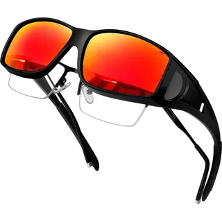 KANASTAL Überziehbrille Sonnenbrille Herren und Damen Verspiegelt Rot Überbrille für Brillenträger Fahrradbrille Überzieh Sonnenbrille UV400 Schutz Fit over brille - XL