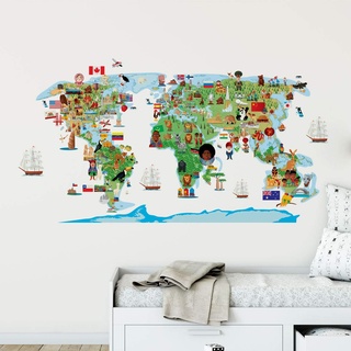 Sticker für Kinder | Wandaufkleber Weltkarte – Wanddekoration Kinderzimmer | 80 x 145 cm