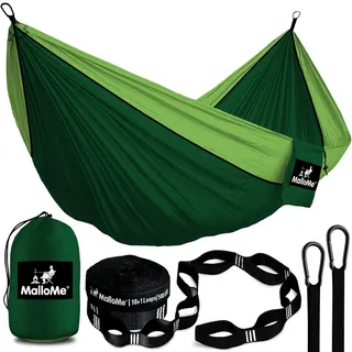 MalloMe Einzel Hängematte (285 x 140cm) Ultraleichte Reise Camping Hängematten für Outdoor 2 Personen oder 1 Kinder & Erwachsene Atmungsaktives Wasserdichtes Fallschirm-Nylon, inkl. Premium Karabiners
