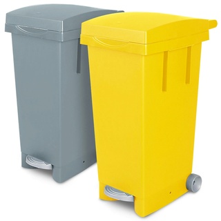 BRB 2X 80 Liter Abfallbehälter mit Rollen, 1x gelb, 1x grau, Fußpedal, selbstschließender Deckel, Klemmring für Müllsäcke