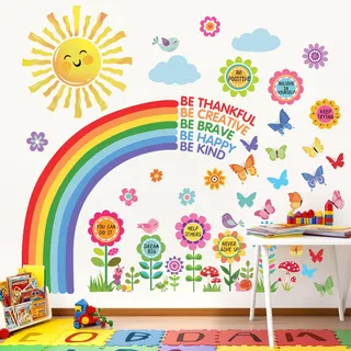 decalmile Wandsticker Regenbogen Sonne Wandtattoo Bunt Blume Klassenzimmer | Abziehbare und Aufklebbare Wandaufkleber, DIY Abnehmbare Wandkunst Abziehbilder, Wandfreundlich, Leuchtenden Farben