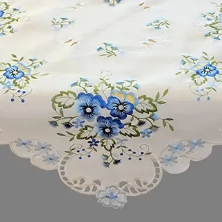 Tischdecke Tischläufer Mitteldecke Deckchen Kissenhülle Frühling Bestickt mit Stiefmütterchen in blau hellblau auf cremefarbigem Untergrund (85 x 85 cm)