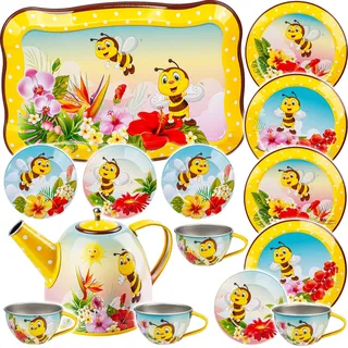 alles-meine.de GmbH 15 TLG. großes Set Puppengeschirr/Kaffeeservice & Teeservice - süße Bienen & Tiere - Tablett & Geschirr aus Blech - Metall - Blechgeschirr - Kinderküche -..