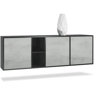 Vladon Sideboard Cuba (Kommode, mit 3 Türen und 2 offene Fächer), Schwarz matt/Beton Oxid Optik (182 x 53 x 35 cm) grau