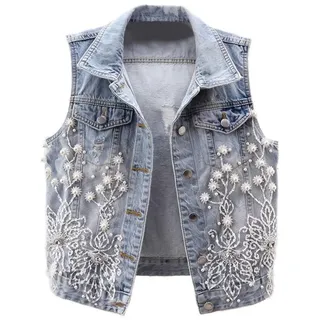 Damen-Jeansweste Mit Perlen Und Perlen, Ärmellos, Jeansweste – Perlen-Blumen-Jeansweste, Kurze, Zerrissene Weste Für Damen, Blau, Xl - XL