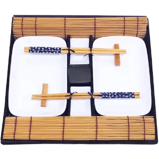 Exzact EX-SG 10 Stück Sushi Set - 2 x Sushi Teller, 2 x Dip Schüsseln, 2 x Bambus Sushi Rollmatten, 2 x Bambus Stäbchen Rests, 2 Stäbchen Stäbchen - Schön präsentiert in einer Geschenkbox