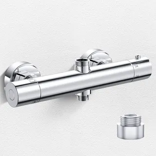 Duscharmatur mit Thermostat 2 Auslässen Duschthermostat Aufputz Mischbatterie Dusche Thermostat, Oben 3/4"BSP+Unten 1/2"BSP, Duscharmatur mit 38°C Sicherheitstaste Messing Armatur Dusche 2 wege