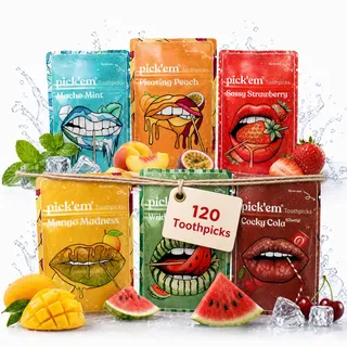 pick'em Zahnstocher mit Geschmack 6-Pack XXL [120x ZAHNSTOCHER MIT GESCHMACK] - Minze, Mango, Cola, Wassermelone, Pfirsich, Erdbeere - Zahnstocher mit Geschmack - aromatisierte Zahnstocher