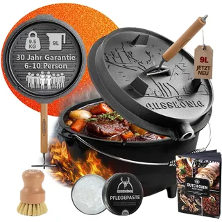 GUSSKÖNIG Dutch Oven Set - Eingebrannter Dutch Oven 9 Liter [6-10 Person]-Feuertopf Gusseisen mit Füßen-Schmortopf Doppelfunktion-2in1 Deckelheber, Bürste & DutchOven Rezeptbuch-30 Jahre Garantie
