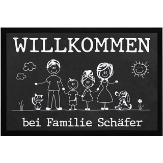 SpecialMe® Fußmatte Familie 1, 2, 3 Kinder & mehr + Hund, Katze personalisiert mit Namen Strichmännchen weiß 60x40cm