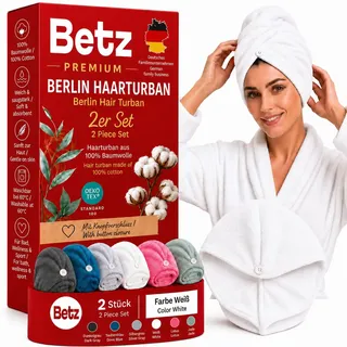 Betz Frottee Turban Berlin – 2er Set Haarturban aus 100% Baumwolle – Turban Handtuch mit Knopfverschluss – Kopfhandtuch für Damen, ideal für Bad & Wellness Farbe weiß