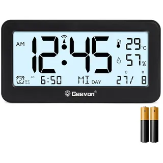 Geevon DCF Wecker Digital, Funkwecker mit großem LED Display Temperatur und Luftfeuchtemesser für Schlafzimmer Bad und Wohnzimmer, Moderne Gestaltung, (347 Schwarz mit Batterie)