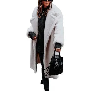 ORANDESIGNE Weiße Taschen Knöpfen Umlegekragen Langarm Oversize Winter Dicker Warmer Lange Teddymantel Damen Mode XS - XS