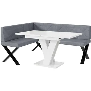 MEBLINI Eckbank für Esszimmer mit ausziehbarem Tisch - Küchenbank - Essecke - Sitzecke Küche - ERIC - X-Beine 128x168x87cm Links - Grau Samt/M Weiß Hochgl.