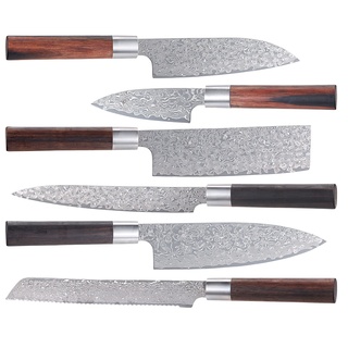 Handgefertigtes Damast-Messer-Set mit Echtholzgriffen, 6-teilig