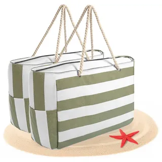 BigDean 2x Strandtasche XXL große Badetasche mit Reißverschluss Grün Weiß - XXL