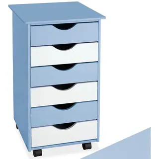 tectake Rollcontainer Schreibtischcontainer 36 x 40 x 65 cm aus Holz, einfache Montage, (Bürokommode, in blau), 4 leichtgängige drehbare Doppelrollen, 6 Schubladen, runde Kanten blau