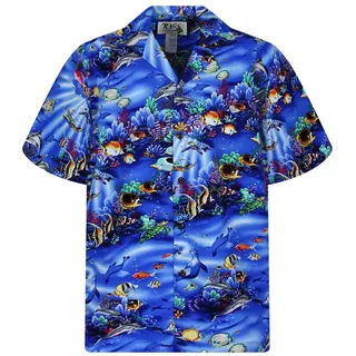 KY's Hawaiihemd "Aquarium" Herren Kurzarm Baumwolle Kokosknöpfe Original Hawaii blau XL