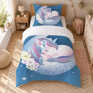 Einhorn Kinderbettwäsche 135x200 Mikrofaser Bettbezug+Kissenbezug 80x80 | Weiche und Bequeme Mädchen Bettwäsche-Sets, Bettwäsche Kinder mit Verdecktem Reißverschluss, Maschinenwaschbare Bettwäsche