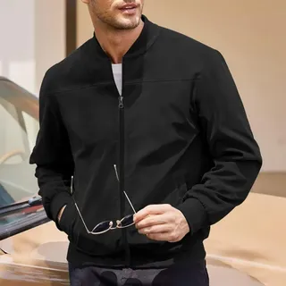 Lässige Wildlederjacke für Herren mit langen Ärmeln und Stehkragen für Herbst und Frühling (S Schwarz)