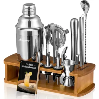 Kitessensu Cocktail Shaker Set Barkeeper-Set mit Ständer, 18/8 Edelstahl | Cocktailshaker, inklusive Martini Shaker, Jigger, Sieb, Mixlöffel, Stößel, Schnapsgießer, Bambus-Ständer – Silber