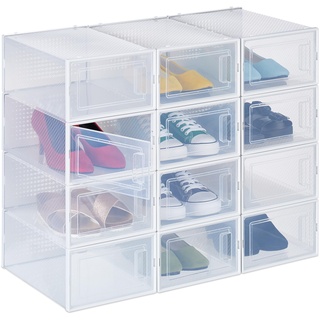 Relaxdays Schuhboxen 12er Pack, mit Tür, Schuhorganizer, stapelbar, Schuhe bis Größe 45, Lüftungsschlitze, transparent, 80% Kunststoff