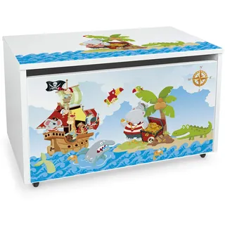 Leomark Spielzeugkiste aus Holzwerkstoff, 91 L, Sitzbank, Rollen, Piraten | Maße 71x40x46 cm, Deckel mit Absenkmechanismus, 18 mm Möbelplatte, Metallscharniere, Innenmaß 66x36x38 cm, Selbstmontage