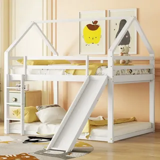 140x200cm Hausbett mit Rutsche & Treppe – Weißes Etagenbett aus Kiefernholz für Kinder, Hochbett, sicher & kreativ für Kinderzimmer - Weiß