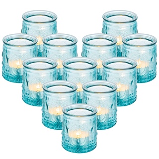 Glasseam Teelichthalter Glas Teelichtgläser Vintage Kerzenhalter: 12 Stück Kerzengläser Set Blau Klein Teelichtglas Teelichter Gläser Kerzenglas für Teelicht Kerzen Weihnachten Hochzeit Tisch Deko