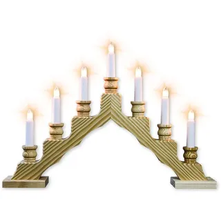 WEIGLA - Schwedenleuchter original Erzgebirge I Trendiger Schwede Natur I Schwibbogen Weihnachten I 7 Lampenkerzen + 1 Ersatzlampe I 7 x 34 V, 3 W, E10 I Weihnachtsdeko innen I Kiefernholz
