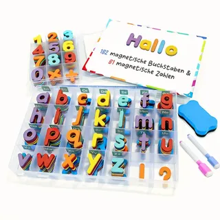 Magnetische Buchstaben und Zahlen für Kinder – Das komplette Set: 182 Buchstaben und 81 Zahlen sowie Symbole – Kühlschrankmagneten – Beinhaltet 2 Boxen, Magnettafel, Stifte und Löschschwamm