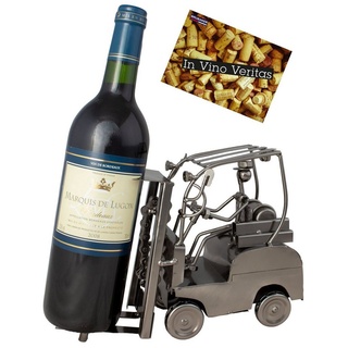 BRUBAKER Weinflaschenhalter Staplerfahrer Gabelstapler, (inklusive Grußkarte), Metall Skulptur, Wein Geschenk, Flaschenhalter, Weinhalter silberfarben