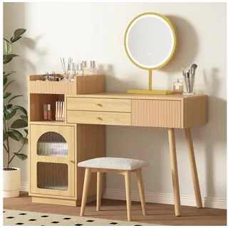 Flieks Schminktisch, Kosmetiktisch mit LED-Spiegel und Seitenschrank ohne Stuhl 120x40x90cm beige