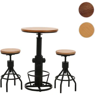 Set Bartisch + 2x Barhocker HWC-N17, Barstuhl Stehtisch höhenverstellbar drehbar Fußablage Industrial Holz ~ natur