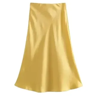 Hgvcfcv Damen Rock Satin Seide Mode A-Linie Röcke Büro Dame Solide Rot EN8 Hohe Taille Lange, gelb, Klein - S