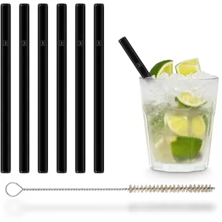 HALM Glas Strohhalme schwarz kurz - 6 Stück gerade 15 cm - Glasstrohalme Set Wiederverwendbar + plastik-freie Reinigungsbürste - Glas-Trinkhalme für Cocktail Gläser