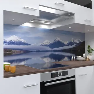 OneWheel, selbstklebende Küchenrückwand, 280x80 cm harte PVC Folie, Wandtattoo für Fliesenspiegel Design Berge Blau, Motiv: Lake Mc Donald