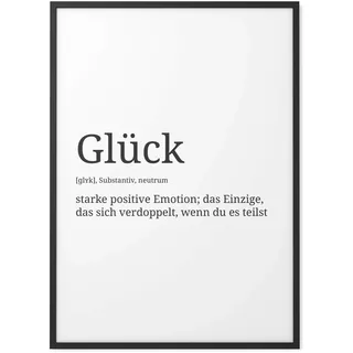 Papierschmiede® Definition: Glück – Poster Wandbild mit Rahmen (optional), Geschenkidee Wanddeko Kunstdruck Deko Wohnzimmer Spruch Typografie schwarz weiß