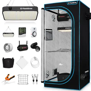 PlantiGrow Growzelt Komplettset – Indoor Gewächshaus mit 150W Vollspektrum LED Lampe (Dimmbar), 1680D, Carbon-Filter, Inline-Kanalventilator, Abluftschlauch (80x80x180cm)