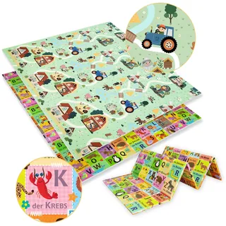 HUMBI Spielmatte 200x180 cm mit deutschem Alphabet für Kinder, doppelseitig, faltbar, groß, Design - Bauernhof, Dorf/Buchstaben, ideal als Geschenk
