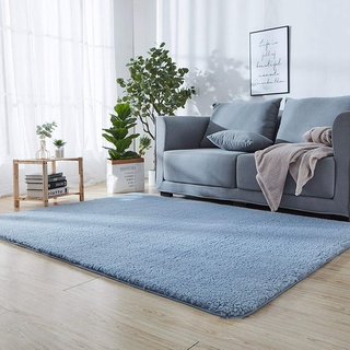 Shaggy Teppich Küchenläufer Blau 110 x 160 cm Schaffell Bettvorleger Robust Qualität 8 Stück Antirutschmatte für Teppich für Wohnzimmer, Esszimmer. Gästezimmer