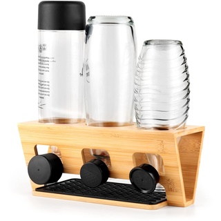 Rainsworth Flaschenhalter kompatibel mit SodaStream Duo und gängige Wasserflaschen, 3er Bambus Abtropfhalter, Abtropfständer Abtropfgestell inkl, Abtropfmatte und Deckelhalter