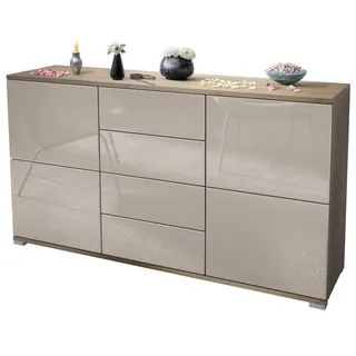 Vladon Sideboard Rova V1 (Kommode mit 4 Türen, 4 Schubladen, Made in Germany), Eiche Evoke/Sandgrau Hochglanz (138,5 x 75,5 x 35) grau